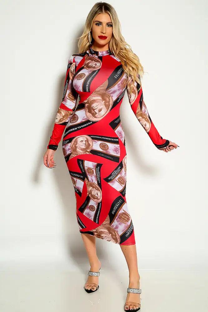 Red Money Print Long Sleeve Mock Neck Midi Casual Dress