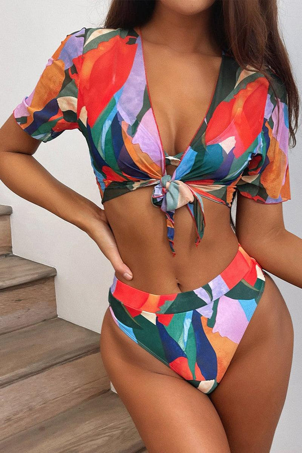 Red Multi Colored Short Sleeve Mesh Three Piece Swimsuit