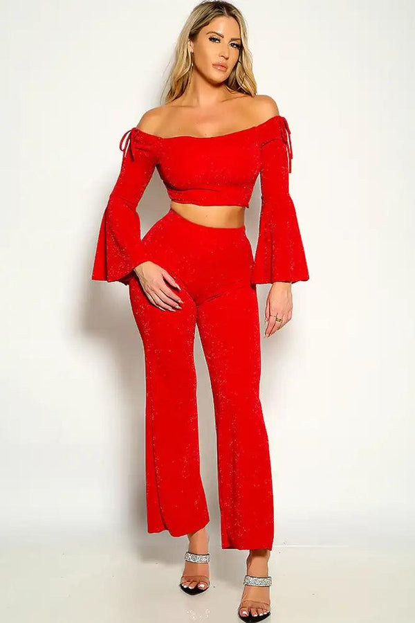 Red Shimmer Long Bell Sleeve Flared Two Piece Outfit