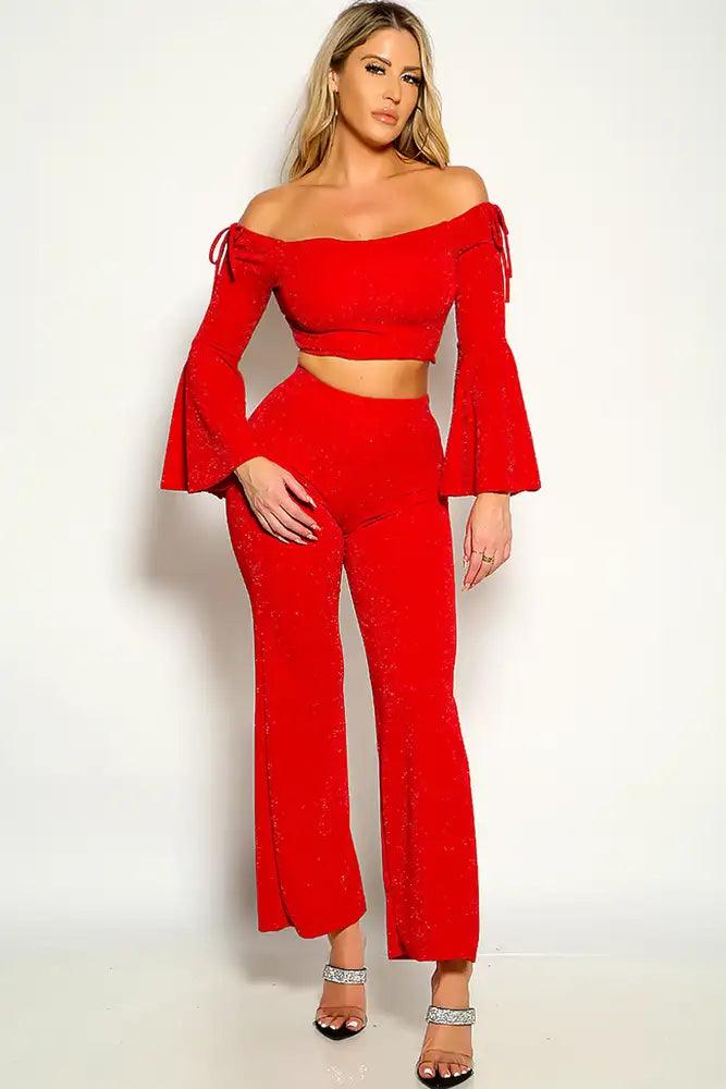 Red Shimmer Long Bell Sleeve Flared Two Piece Outfit