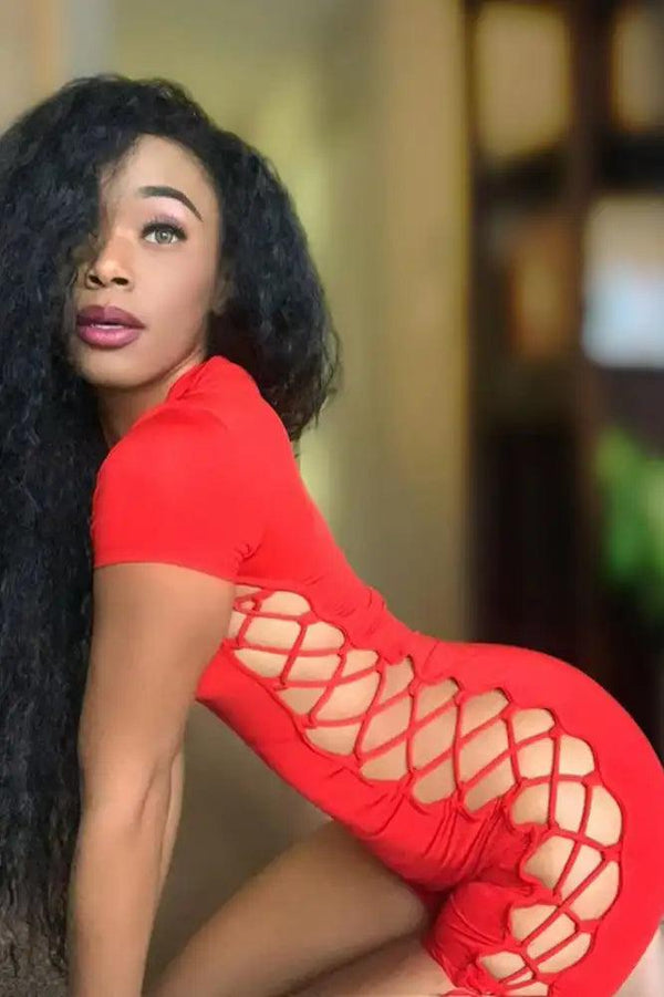 Red Short Sleeve Round Neckline Side Lace Up Romper