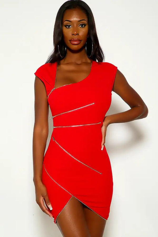 Red Short Sleeve Zipper Accent Party Dress