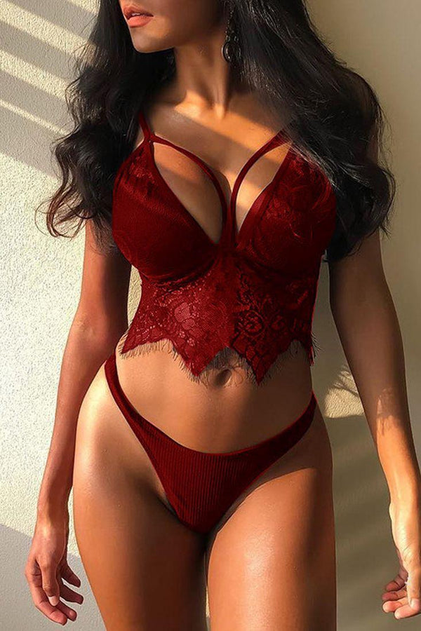 Red Sleeveless Eyelash Lace Two Piece High Waist Sexy Lingerie