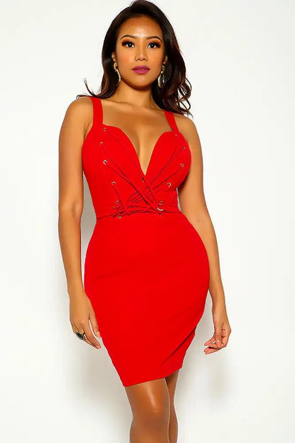 Red Sleeveless Strappy V-Cut Neckline Party Dress
