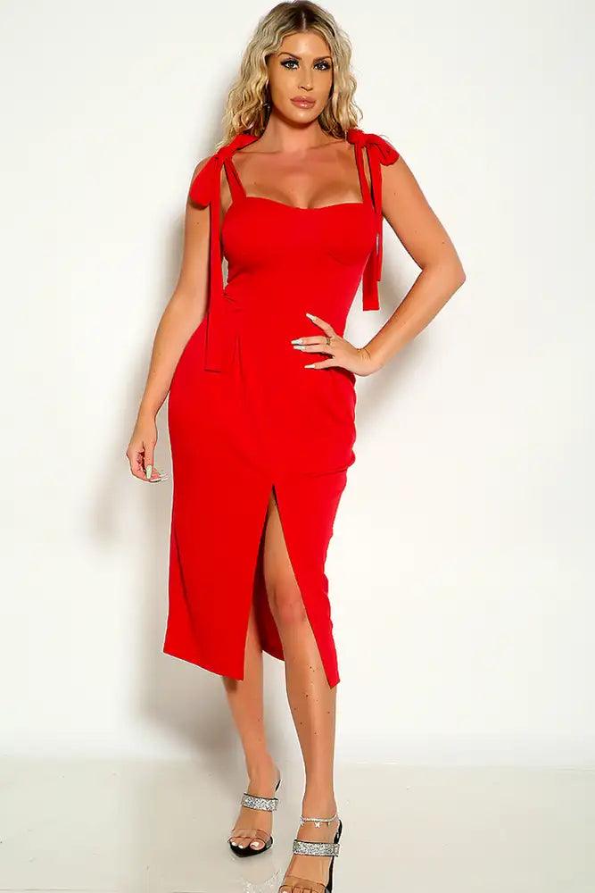 Red Sleeveless Tie Straps Side Slit Party Dress