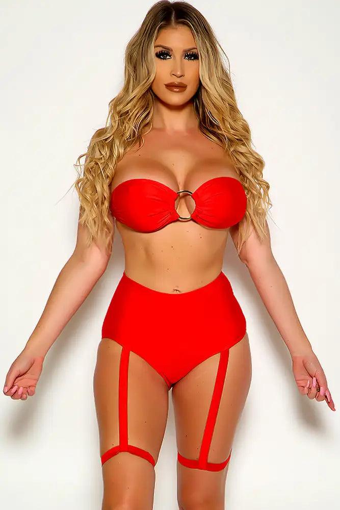 Red Strapless Bandeau O-Ring High Waist Garter Two Piece Swimsuit