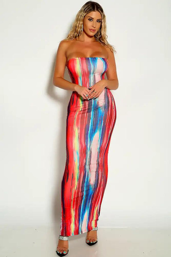 Red Strapless Two Tone Maxi Dress