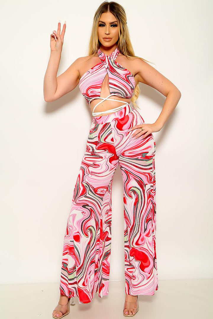 Red Swirl Halter Wrap Around Wide Leg Pants Set