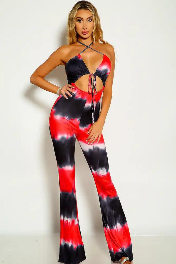 Red Two Tone Sleeveless Cross Strap Flared Jumpsuit