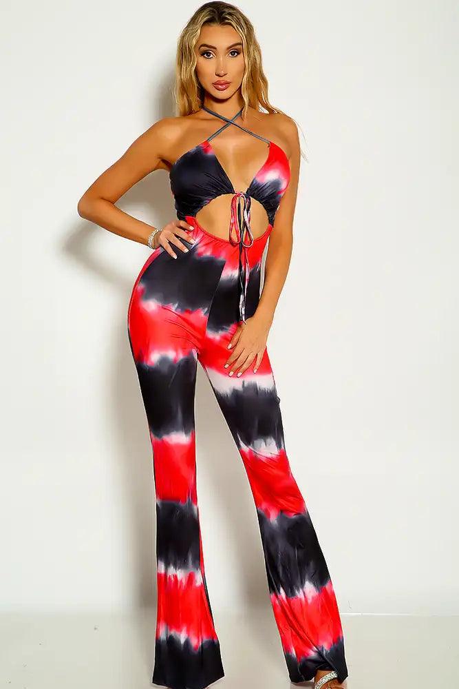 Red Two Tone Sleeveless Cross Strap Flared Jumpsuit