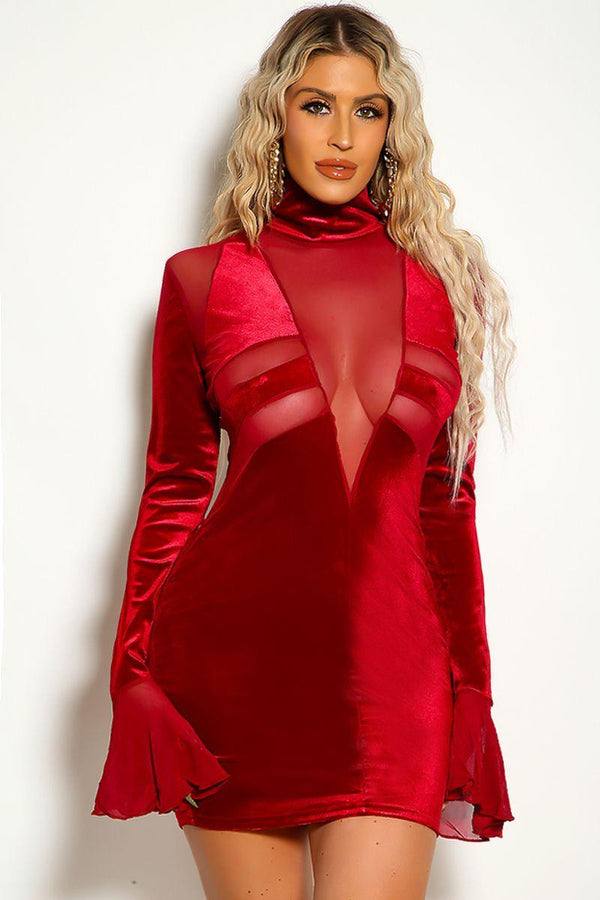 Red Velvet Mock Neck Mesh Bell Sleeve Party Dress