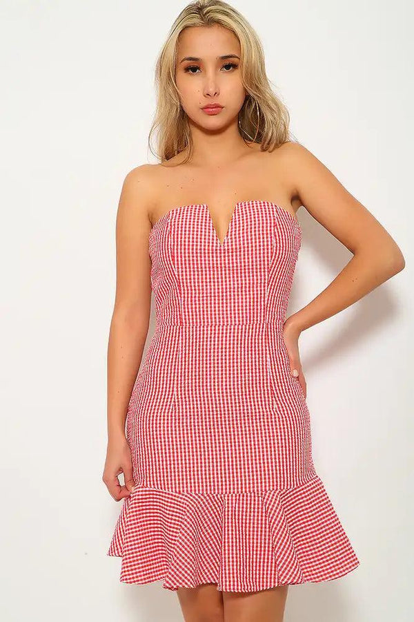 Red White Gingham Print Strapless Party Dress