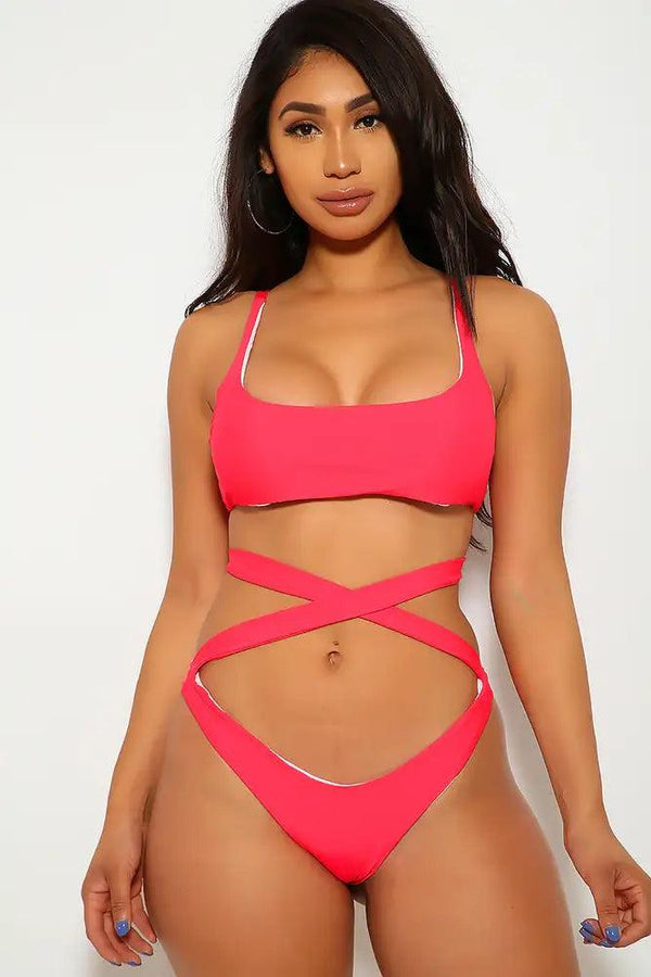Red Wrap Around Tie Knot Two Piece Swimsuit