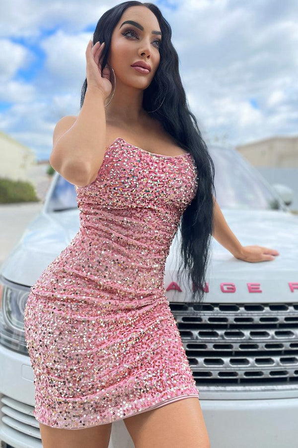 Rose Pink Strapless Sequins Velvet Party Dress