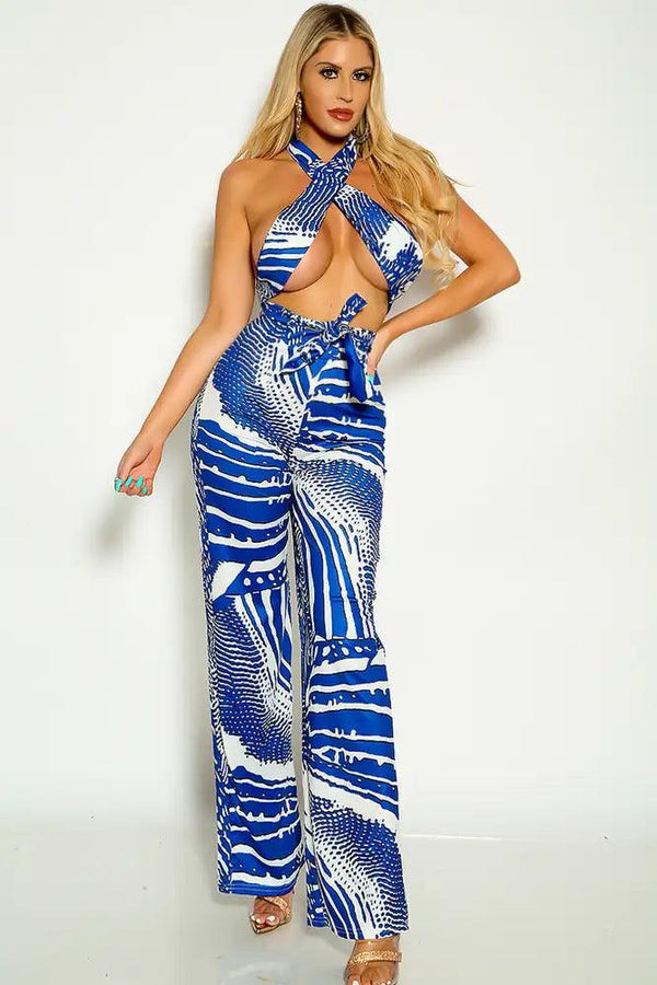 Royal Blue Halter Cross Strap Flared Leg Two Piece Outfit