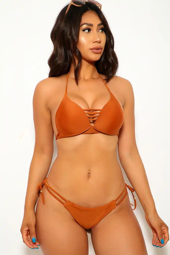 Rust Strappy Halter Push Up Two Piece Swimsuit