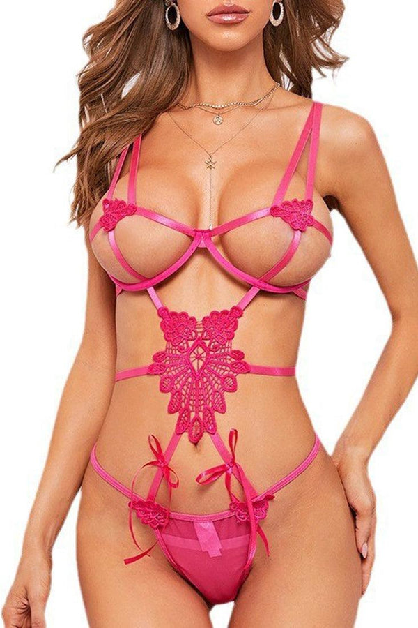 Sexy Pink Lingerie Embroidered Hollow Stappy Lingerie Bodysuit