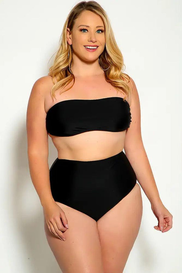 Sexy Black Bandeau High Waist Plus Size Swimsuit