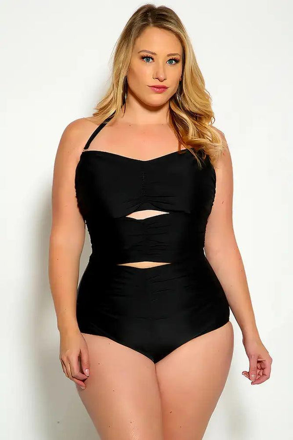 Sexy Black Cut Out Halter One Piece Swimsuit