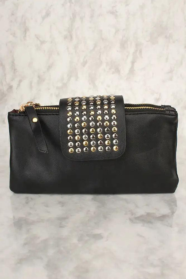 Sexy Black Faux Leather Beaded Clutch