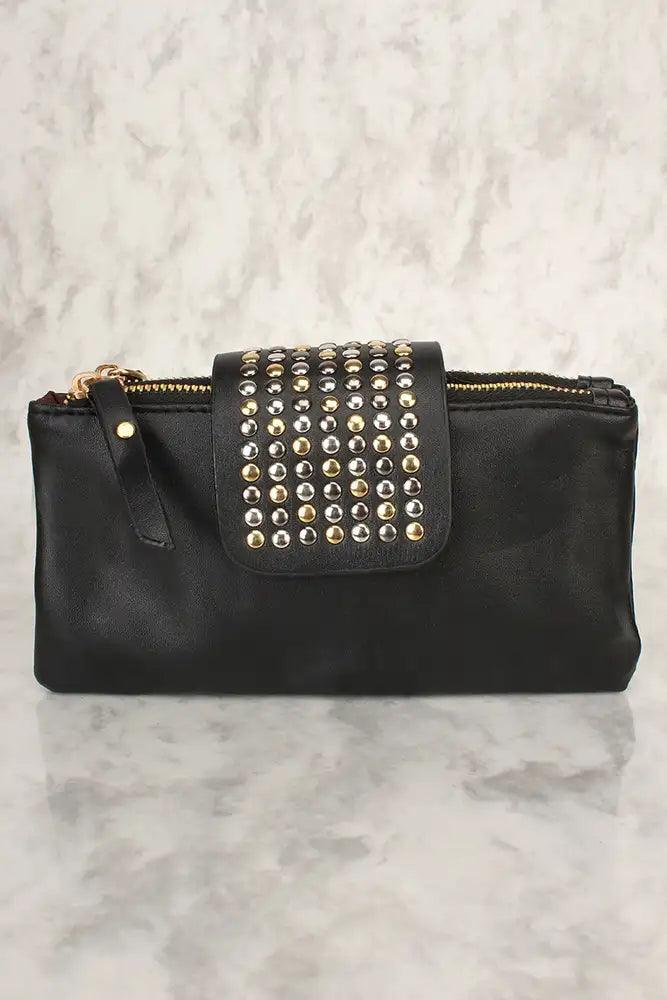 Sexy Black Faux Leather Beaded Clutch