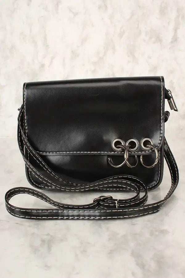 Sexy Black Faux Leather O-Ring Accent Small Shoulder Handbag