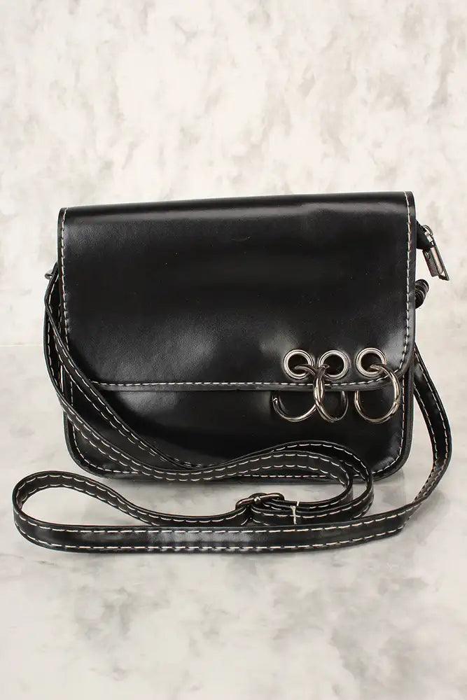 Sexy Black Faux Leather O-Ring Accent Small Shoulder Handbag