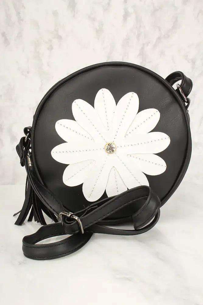 Sexy Black Flower Patch Distressed Faux Leather Circle Crossbody Bag