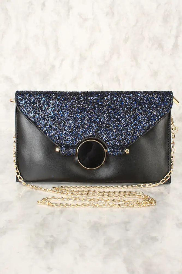 Sexy Black Glitter Faux Leather Envelope Crossbody Handbag