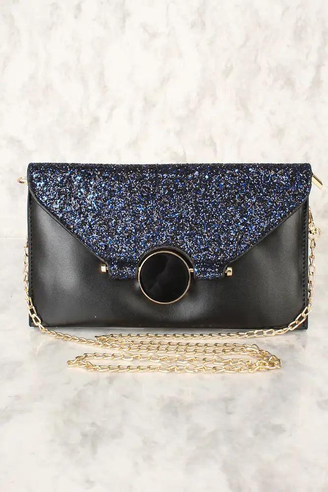 Sexy Black Glitter Faux Leather Envelope Crossbody Handbag