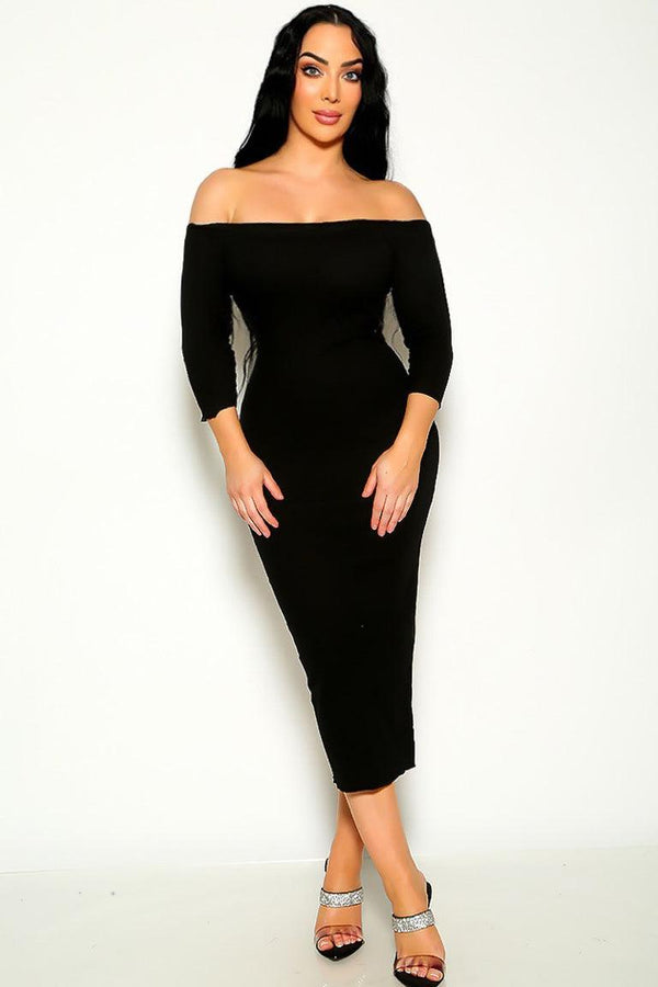 Sexy Black Lettuce Trim Half Sleeve Midi Party Dress