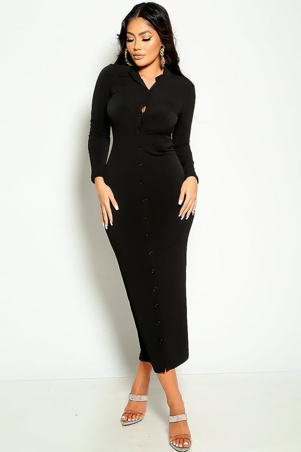 Sexy Black Long Sleeve Button Up Maxi Dress