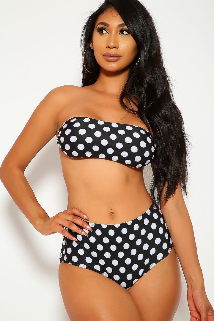 Sexy Black Polka Dot Bandeau High Waist Two Piece Swimsuit