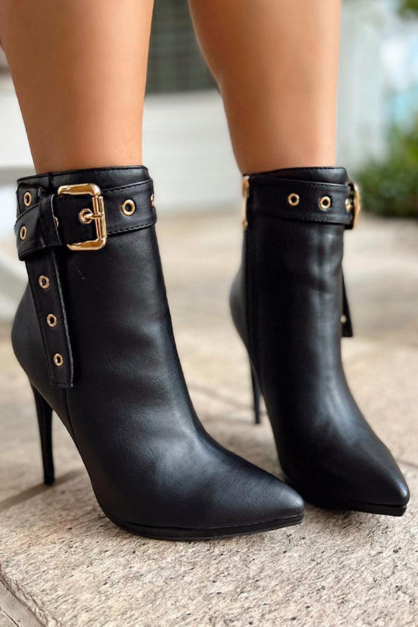 Sexy Black PU Ankle Booties With Gold Buckle
