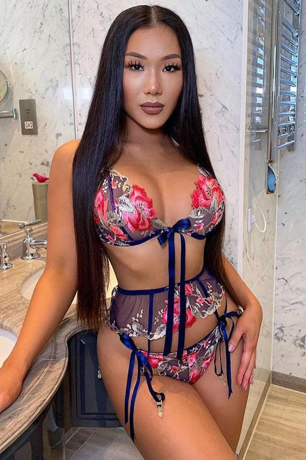 Sexy Blue Floral Embroidery Mesh Ribbon Lingerie 3 Pc Set