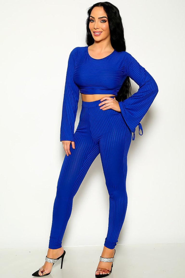 Sexy Blue Ribbed Bell Sleeve Top & Pants Matching 2 Pc Set