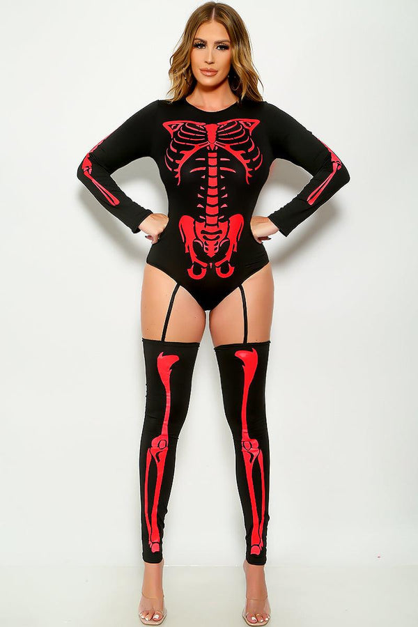 Sexy Bone-A-Fide Skeleton Black Red Long Sleeve Bodysuit 3 Pc Costume