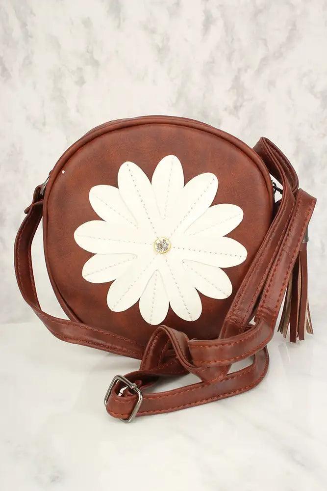 Sexy Brown Flower Patch Distressed Faux Leather Circle Crossbody Bag