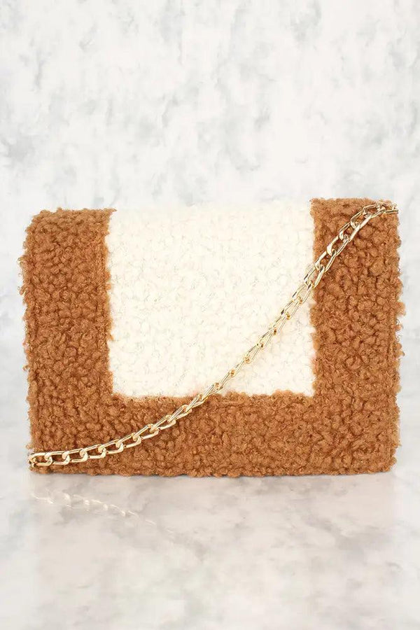 Sexy Camel Faux Leather Curly Wool Crossbody Handbag
