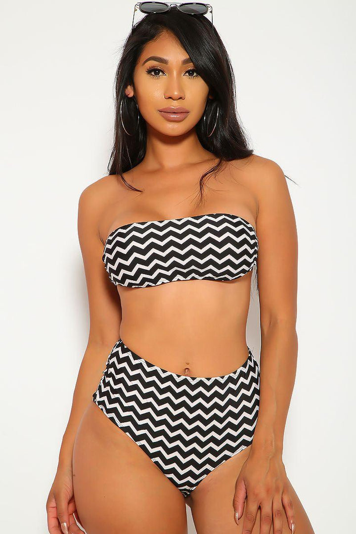 Sexy Chevron Black Bandeau High Waist Two Piece Swimsuit