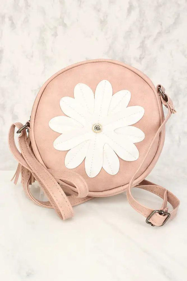 Sexy Dusty Pink Flower Patch Distressed Faux Leather Circle Crossbody Bag