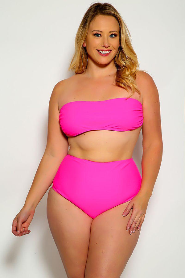 Sexy Fuchsia Bandeau High Waist Plus Size Swimsuit
