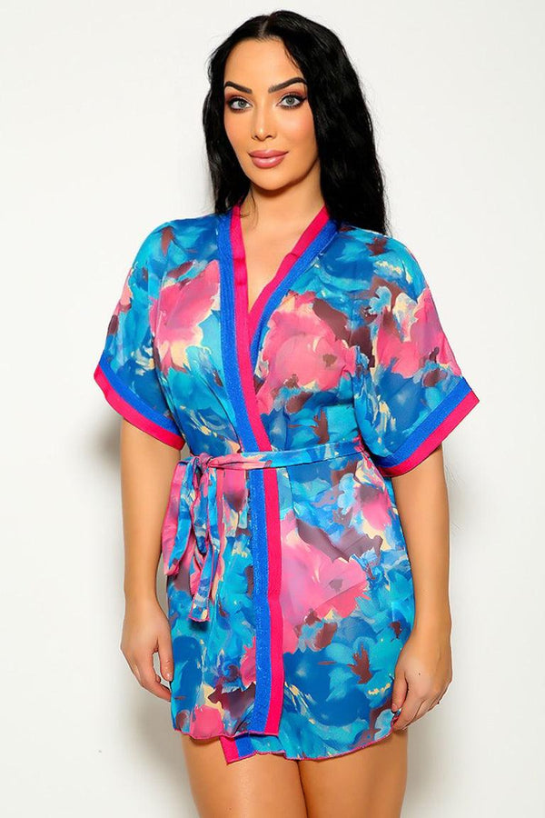 Sexy Fuchsia Floral Print Kimono Lingerie Robe