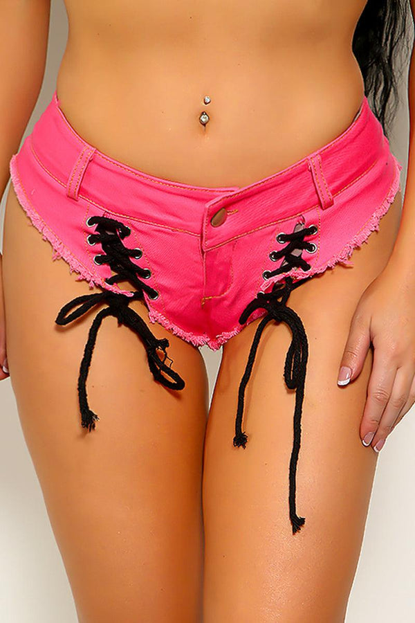 Sexy Fuchsia Lace Up Denim Mini Cheeky Shorts