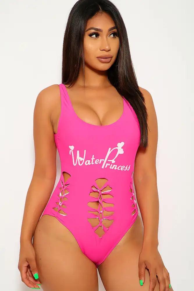 Sexy Fuschia Graphic Printed Design Razor Cut One Piece Swim Suit