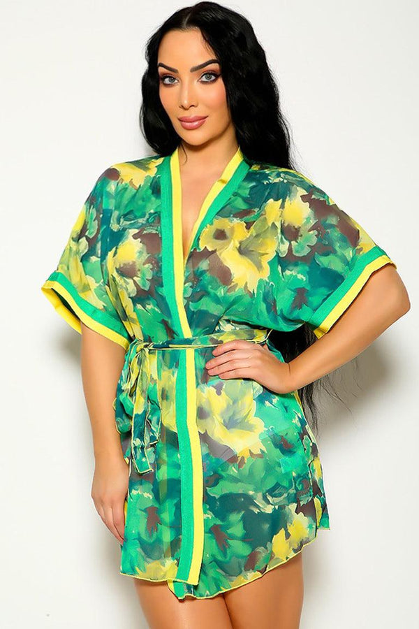 Sexy Green Yellow Floral Print Kimono Lingerie Robe