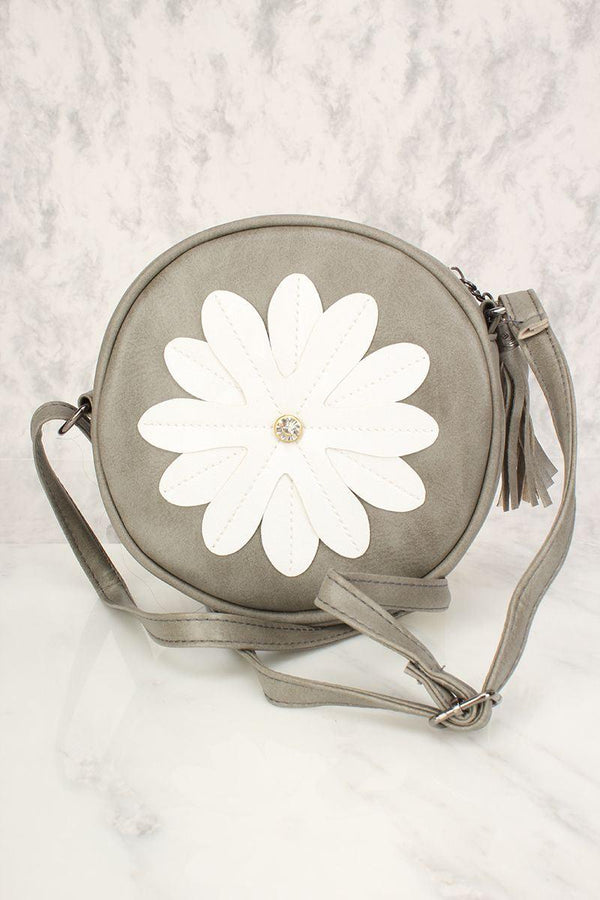 Sexy Grey Flower Patch Distressed Faux Leather Circle Crossbody Bag