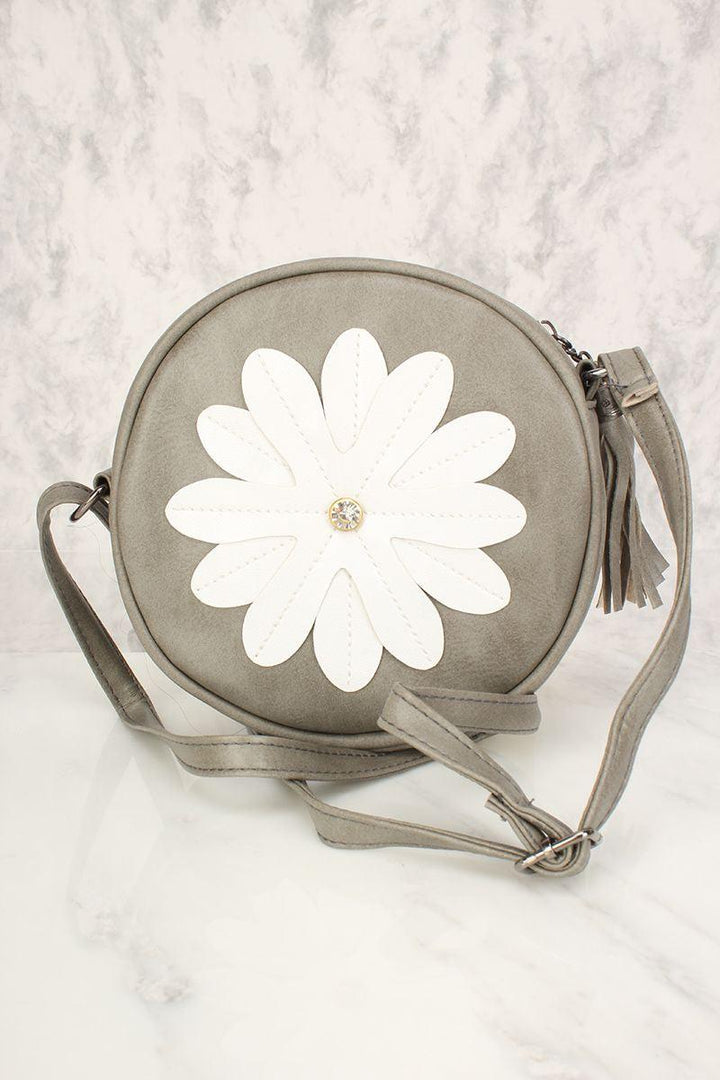 Sexy Grey Flower Patch Distressed Faux Leather Circle Crossbody Bag