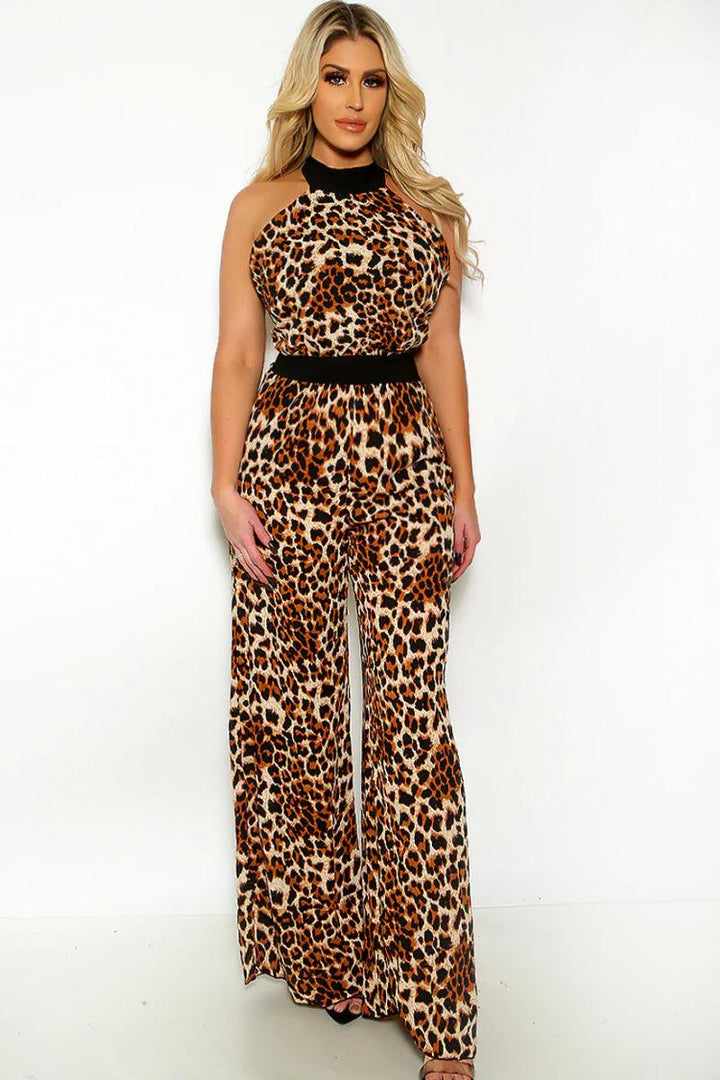 Sexy Leopard Halter Sleeveless Wide Leg Jumpsuit
