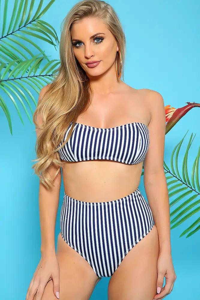 Sexy Navy White Stripe Print Padded Bandeau Two Piece Swimsuit